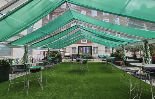 outdoor event space, outdoor TV, outdoor seating area, high tables and stools, summer event venue