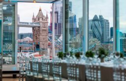 sky window view of Tower Bridge and London skyline, restaurant