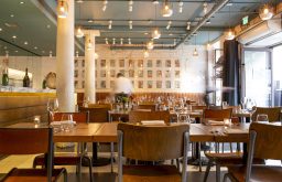 rows of tables, contemporary restaurant, intimate