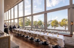 long table for large group, window view, event space, restaurant