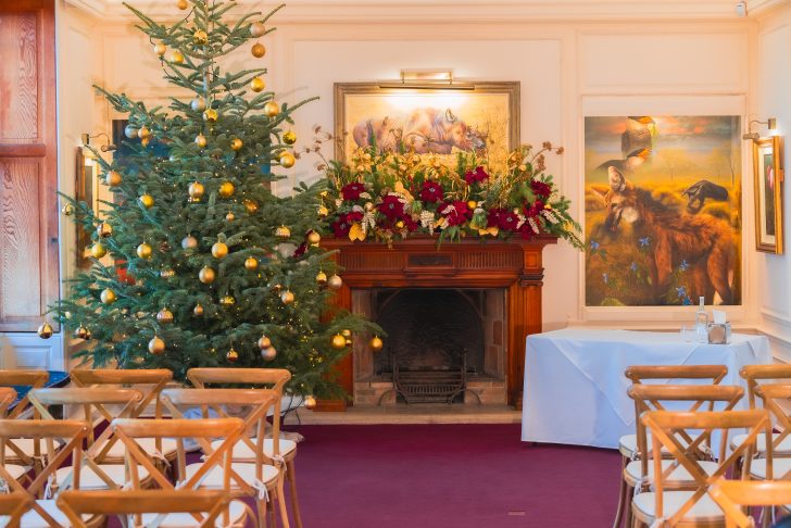 christmas tree, historic and unique christmas party venue, fireplace, theatre, christmas decorations, animals painting on the walls