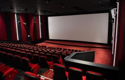 cinema screen, red furnishing, large screen, theatre layout