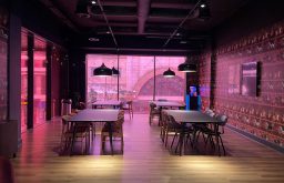 red room, meeting space, window view